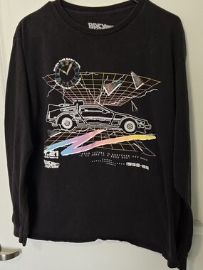 Back to the Future DeLorean Graphic Black Long Sleeve Tee Large, Clean